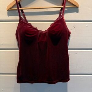 Y2K Babydoll Red Velvet Cami Tank Top Underwire Padded Stretch Lace Trim 36B